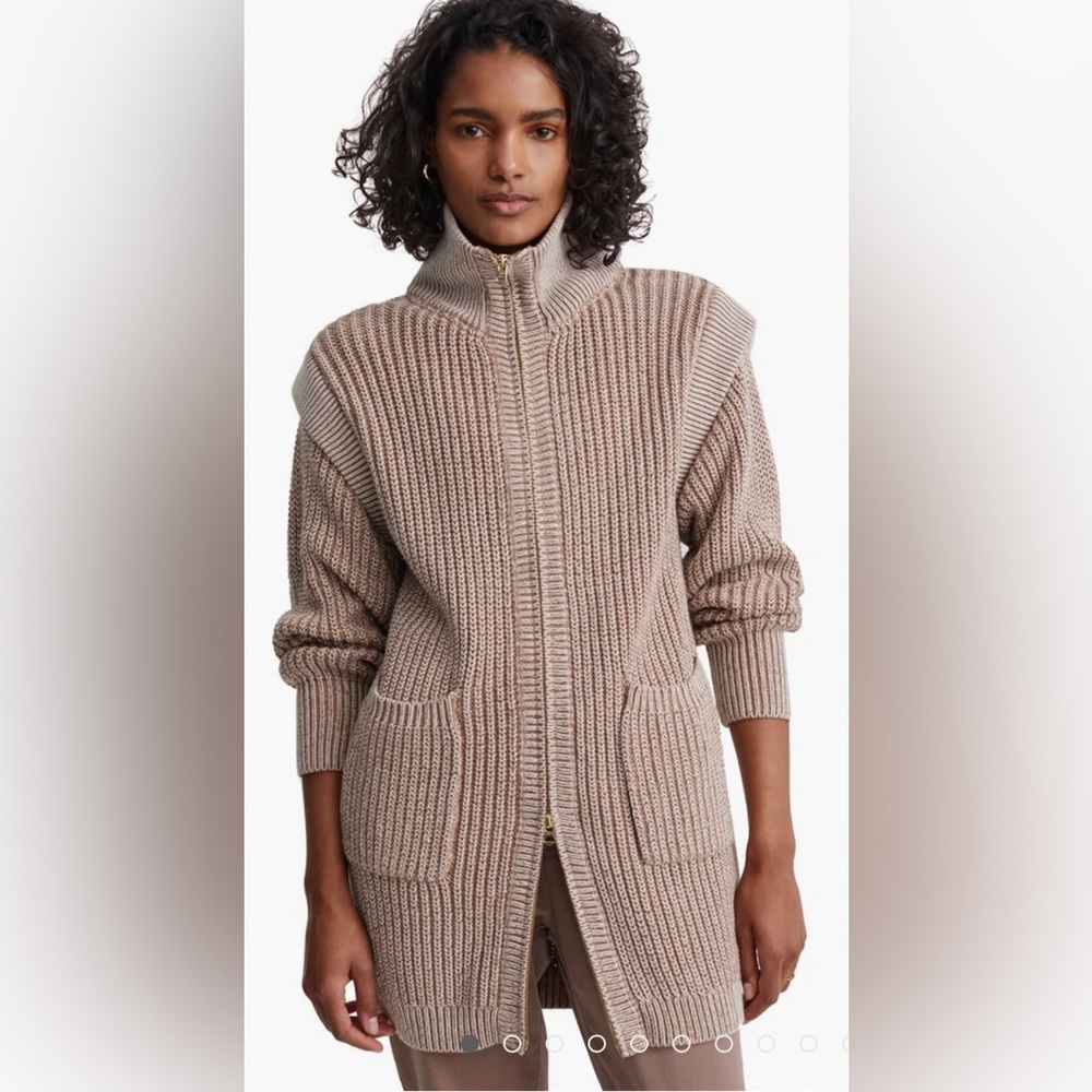 Varley 100% cotton Beige Ribbed Knit Zip-Front Cardigan